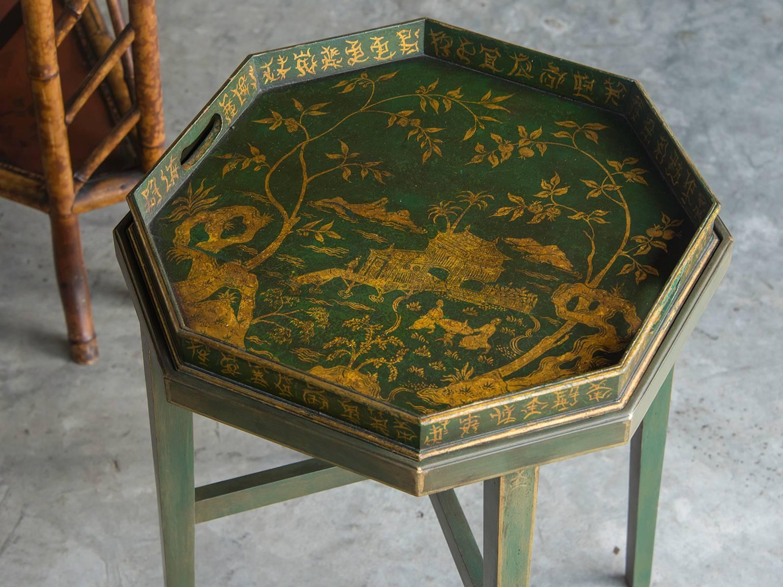 Receive our new selections direct from 1stdibs by email each week. Please click follow dealer below and see them first!

A rare and unique painted antique English tray of octagon shape embellished with a different gilded chinoiserie design from