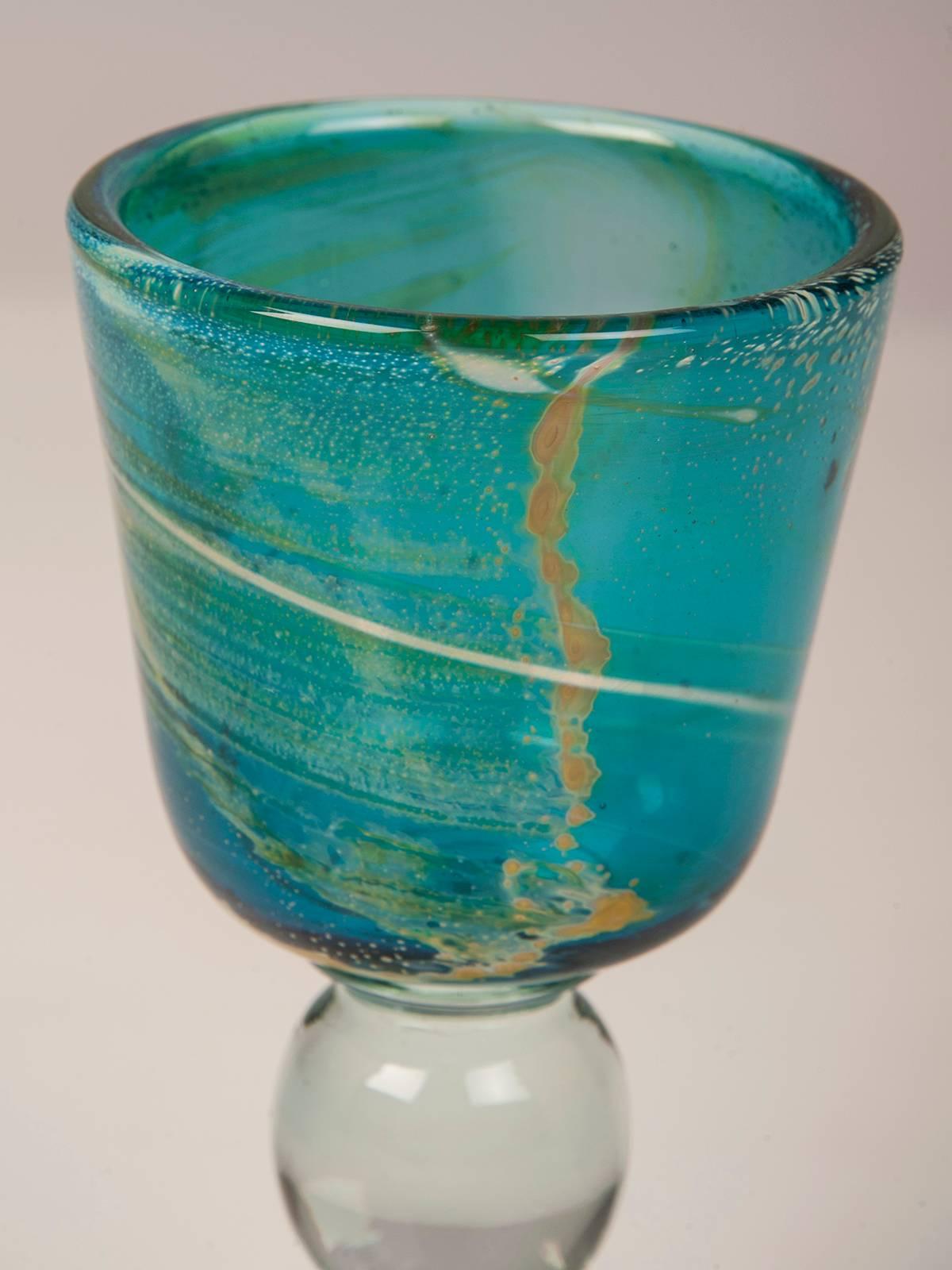 Mid-Century Modern Vintage Mdina Glass Goblet of Turquoise Color Malta, circa 1975, Signed For Sale