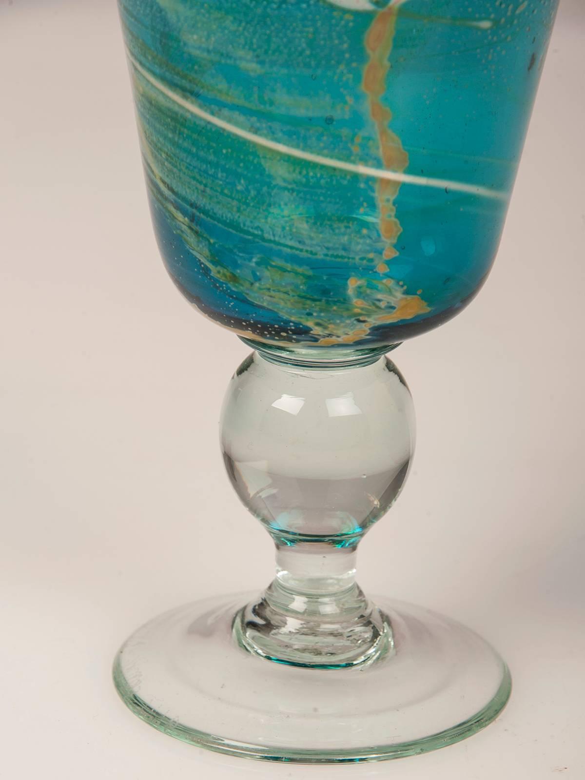 Hand-Crafted Vintage Mdina Glass Goblet of Turquoise Color Malta, circa 1975, Signed For Sale