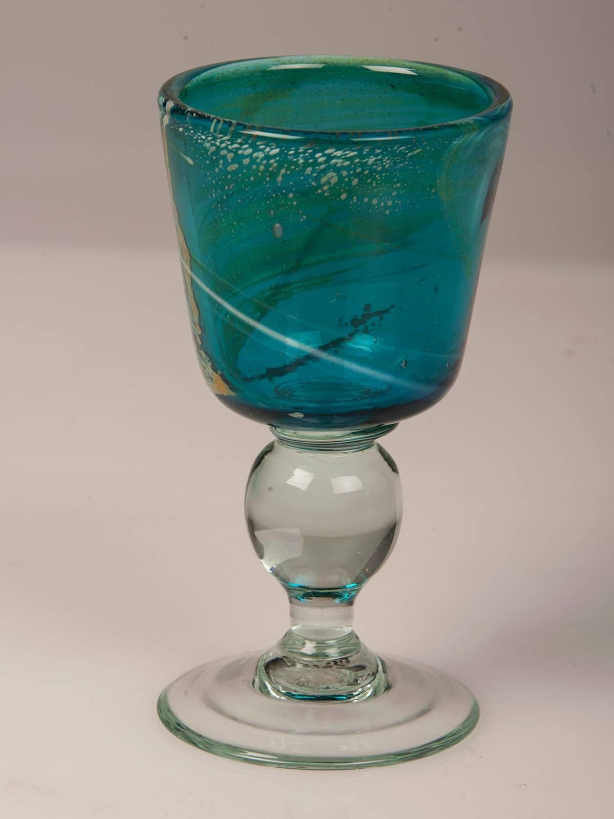 Vintage Mdina Glass Goblet of Turquoise Color Malta, circa 1975, Signed In Excellent Condition For Sale In Houston, TX
