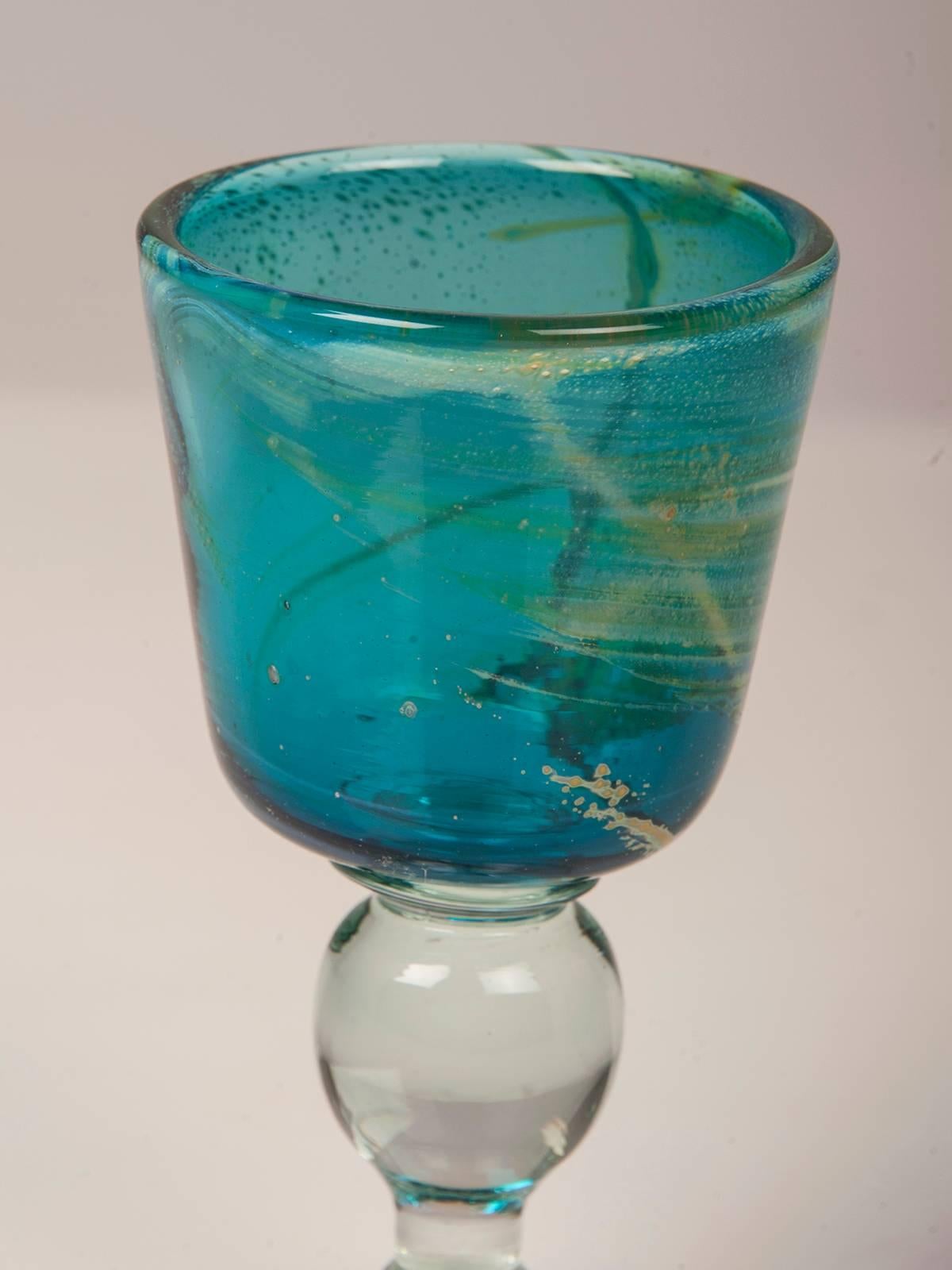 Maltese Vintage Mdina Glass Goblet of Turquoise Color Malta, circa 1975, Signed For Sale