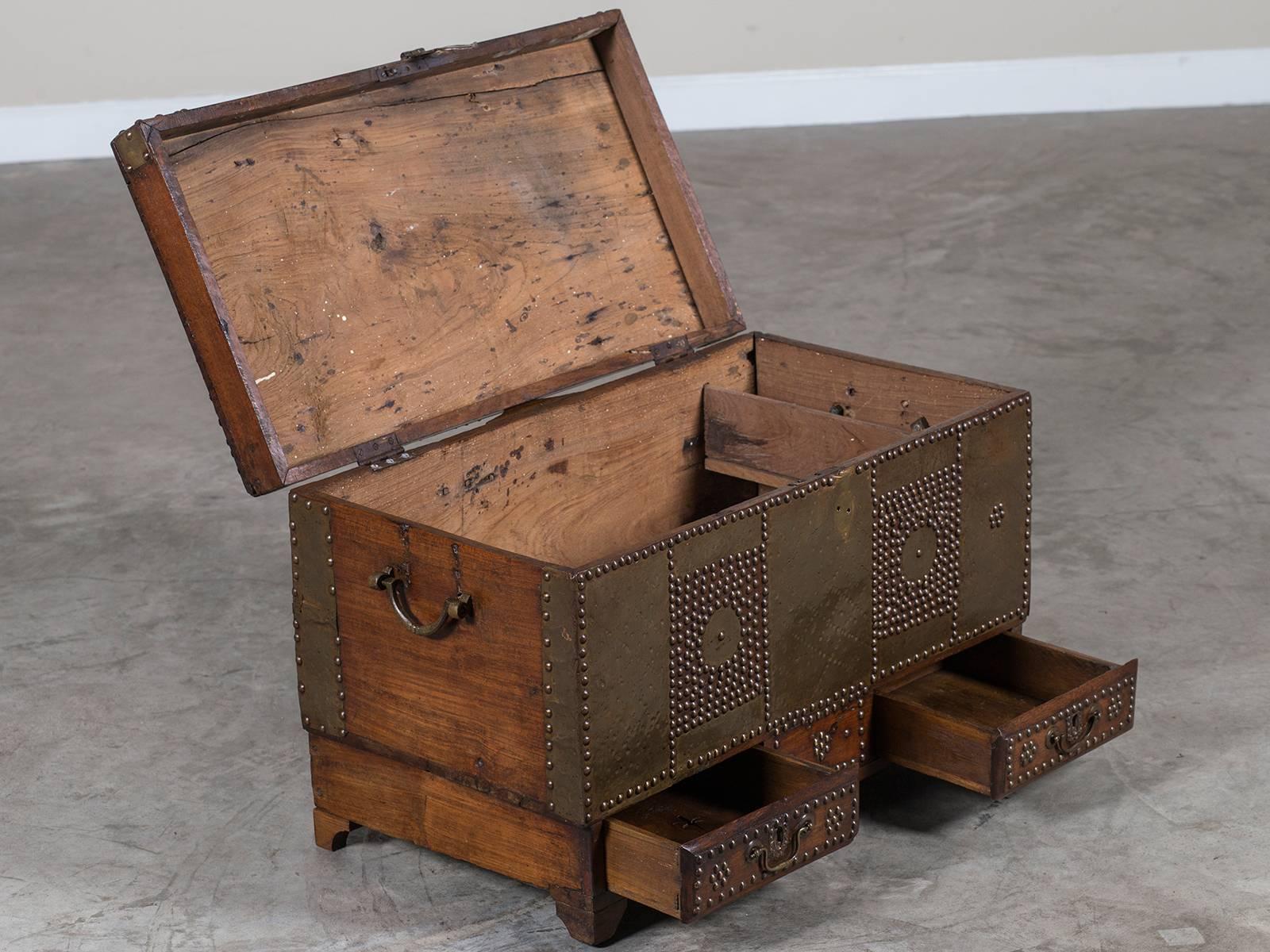 Hand-Carved Antique African Zanzibar Chest Trunk, Brass-Mounted, circa 1875