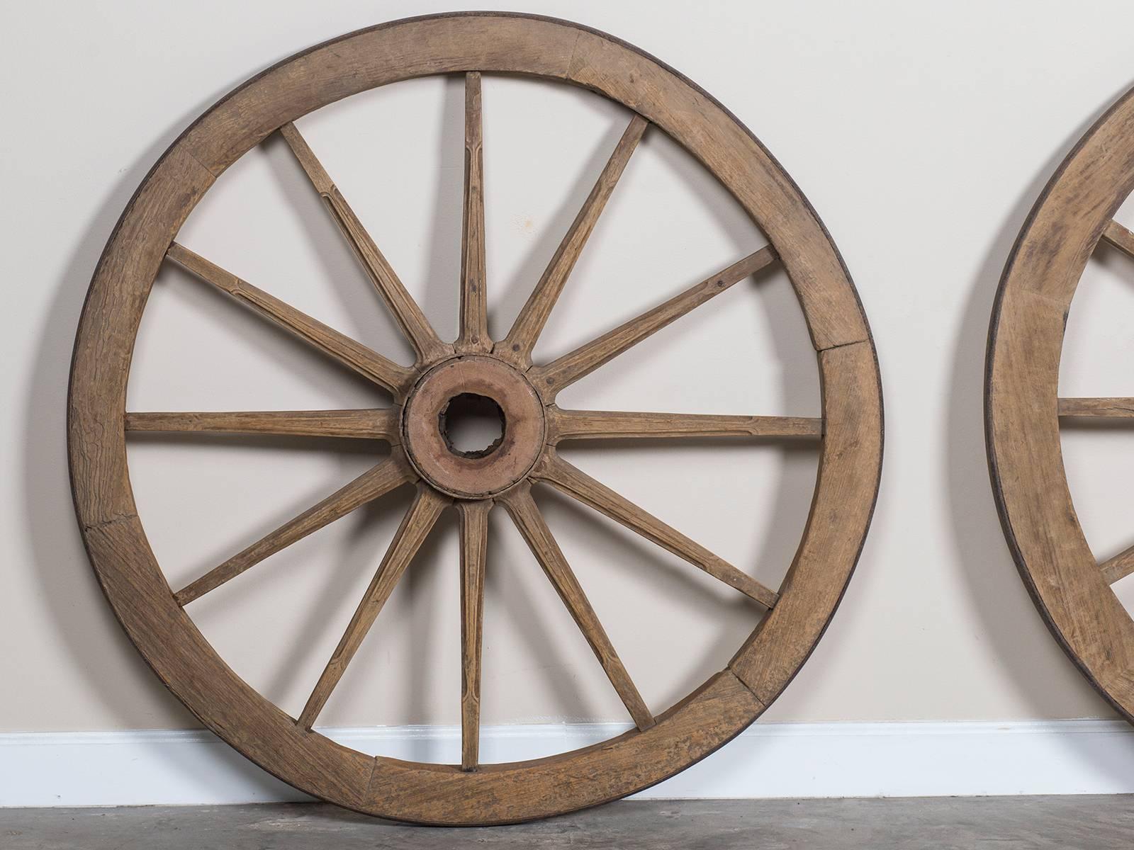 Pair of Antique French Iron Bound Wagon Wheels, circa 1880 2