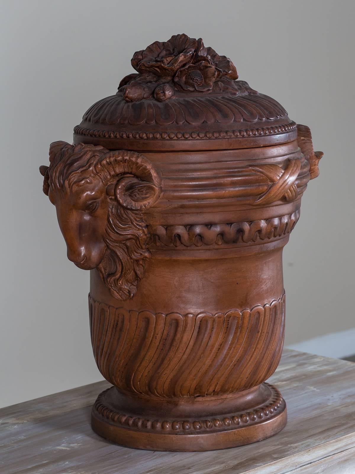 Cast Enormous Antique French Neoclassical Terracotta Vessel and Lid, circa 1885 For Sale