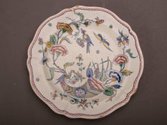 Three Antique French Gien Hand-Painted with Scallop Edge Plates, circa 1860