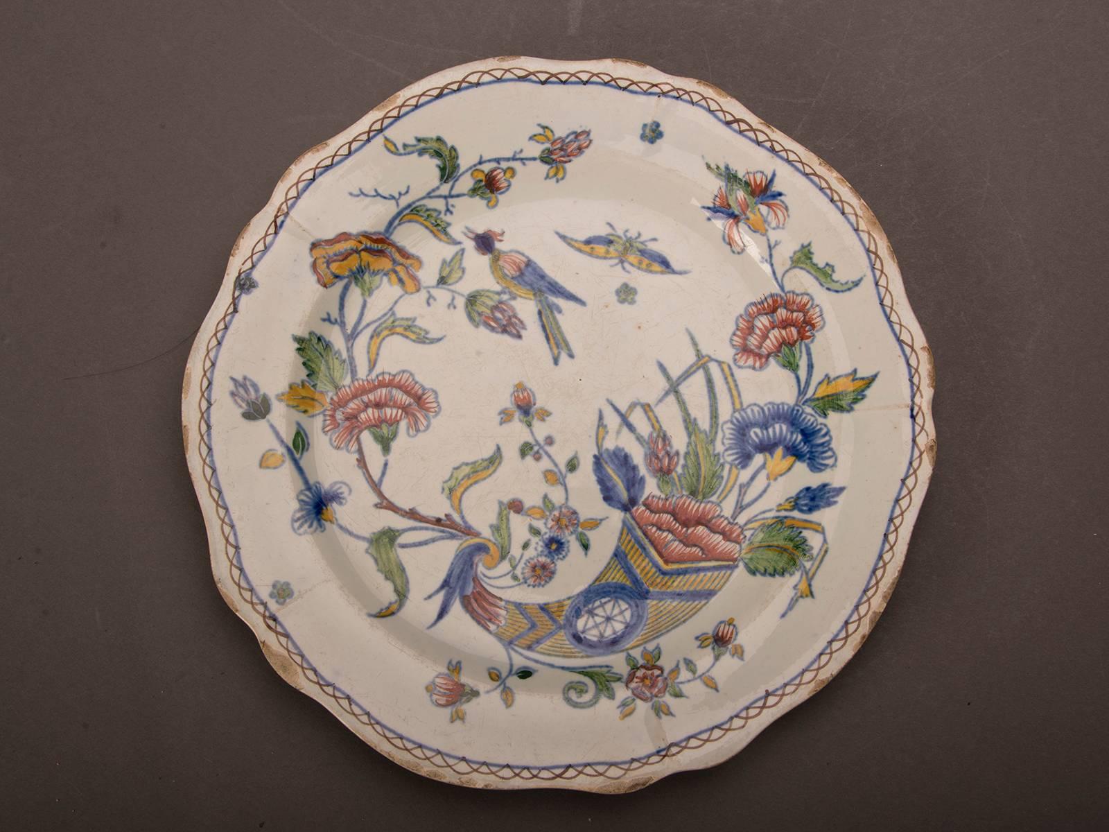 Glazed Three Antique French Gien Hand-Painted with Scallop Edge Plates, circa 1860 For Sale