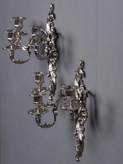 Pair of Antique French Louis XV Style Three-Arm Silver Nickel Sconces