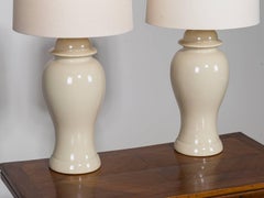 Pair of Taupe Chinese Ceramic Temple Jars Mounted as Lamps, circa 1995