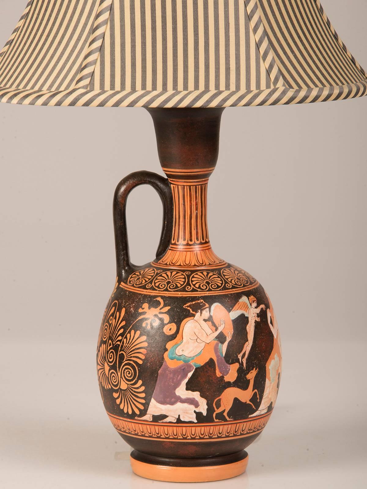 Classical Greek Vintage Greek Hand-Painted Earthenware Amphora Lamp, circa 1950, Custom Shade For Sale