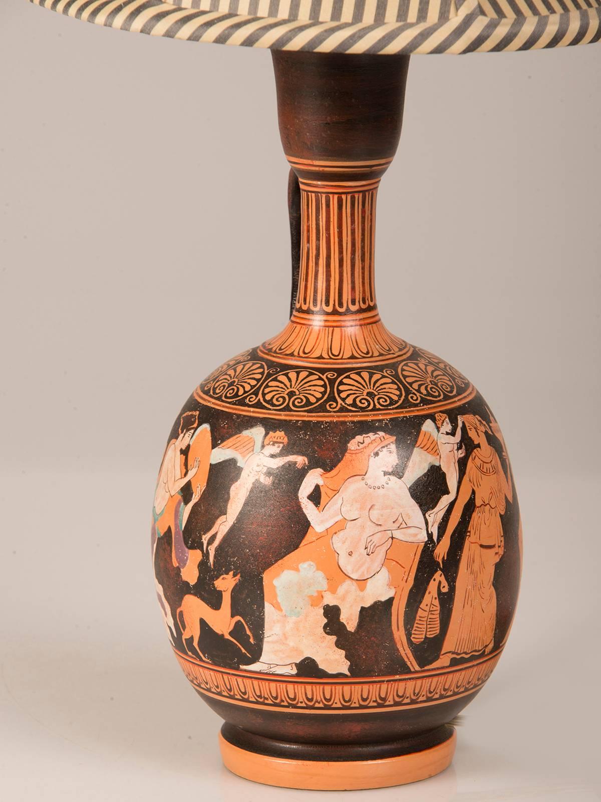 Fired Vintage Greek Hand-Painted Earthenware Amphora Lamp, circa 1950, Custom Shade For Sale