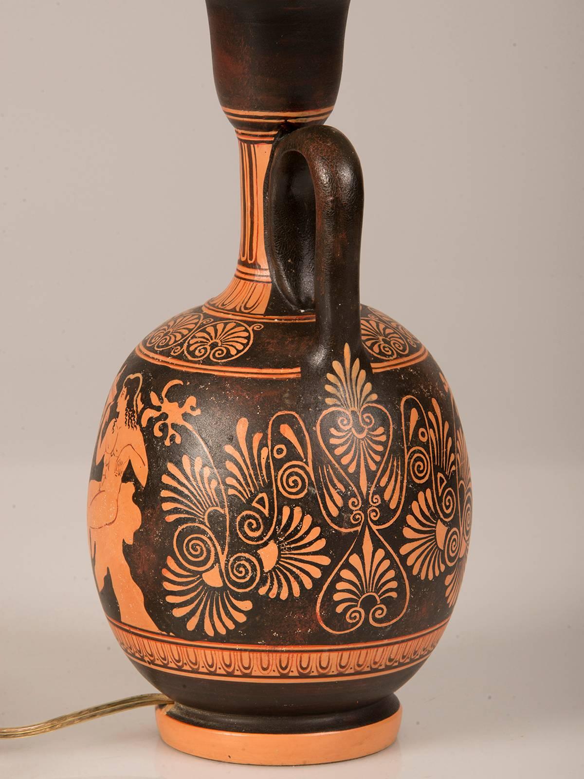 Mid-20th Century Vintage Greek Hand-Painted Earthenware Amphora Lamp, circa 1950, Custom Shade For Sale