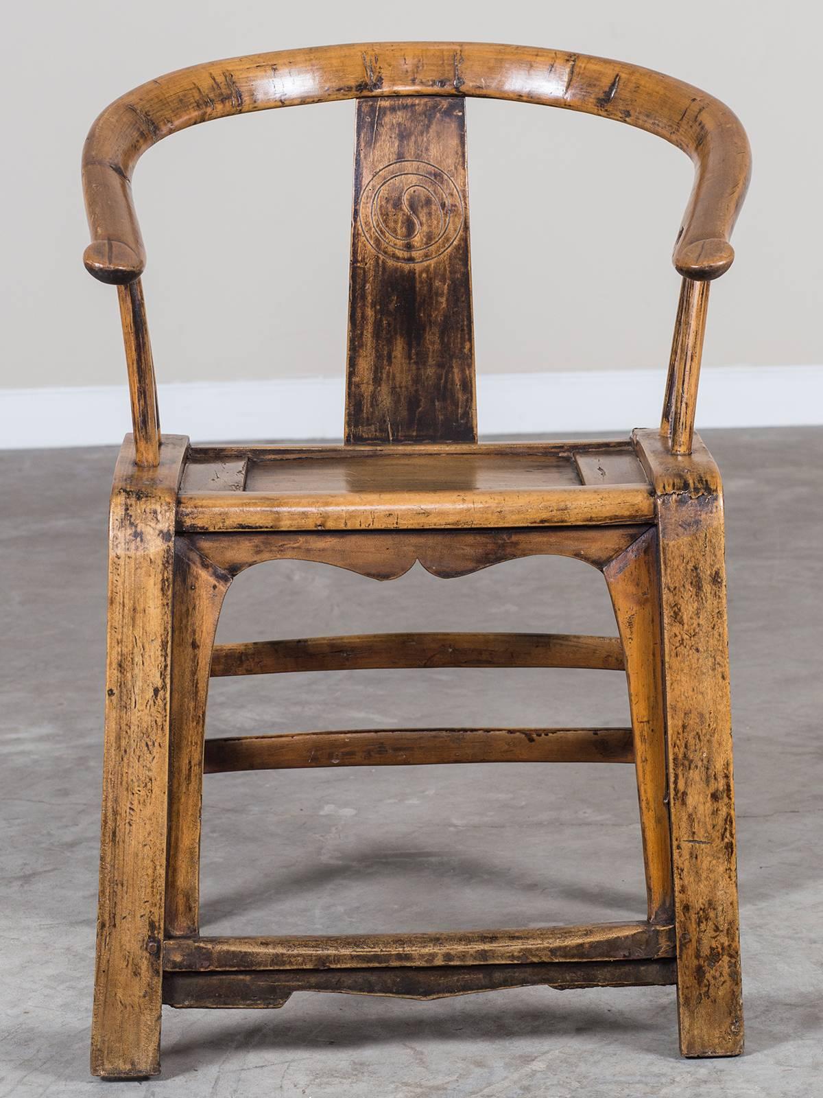 Chinese Export Antique Chinese Horseshoe Back Elm Armchair, circa 1880