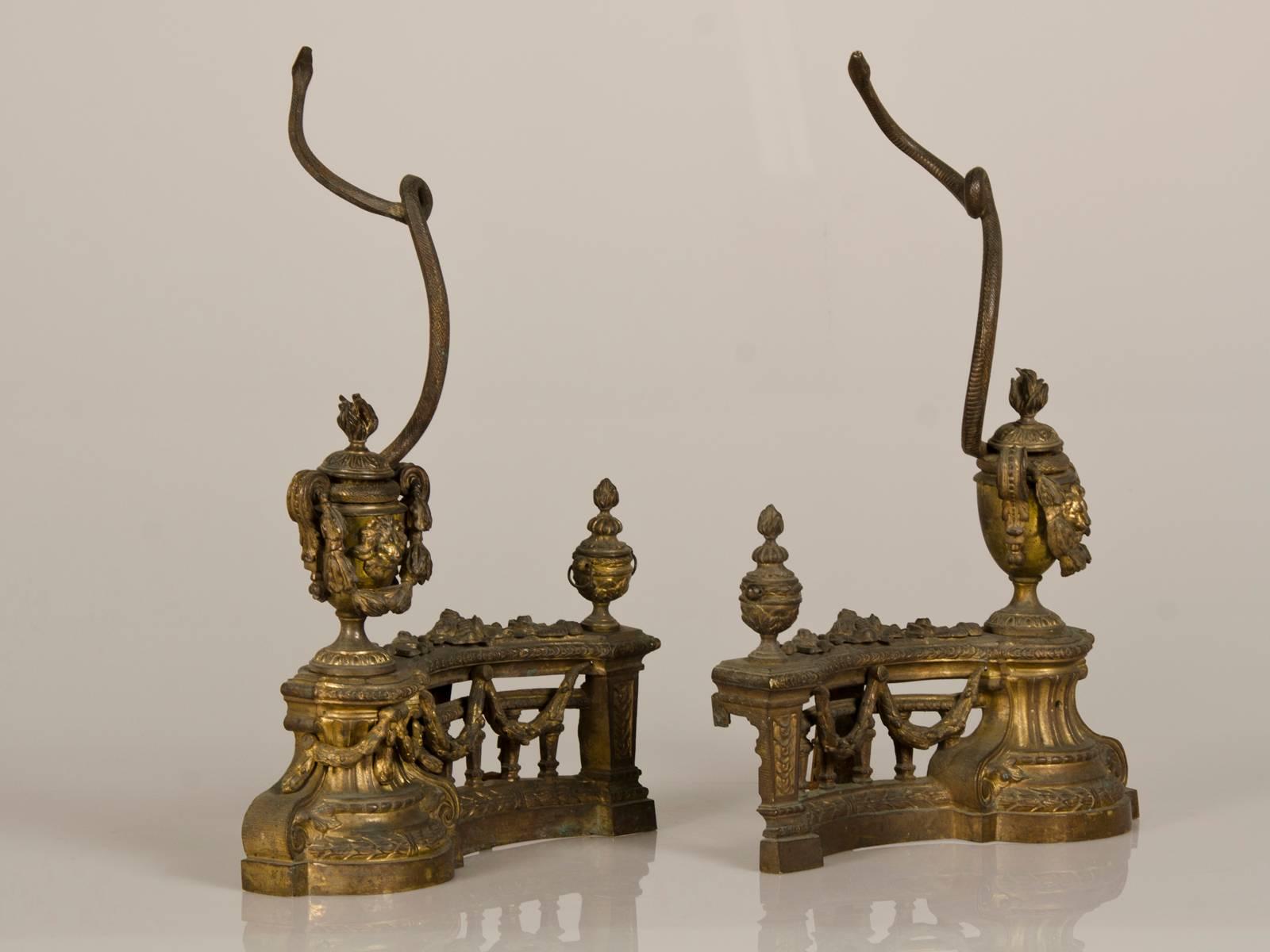 Pair of Louis XVI Style Bronze Doré Antique French Chenets, circa 1890 In Excellent Condition For Sale In Houston, TX