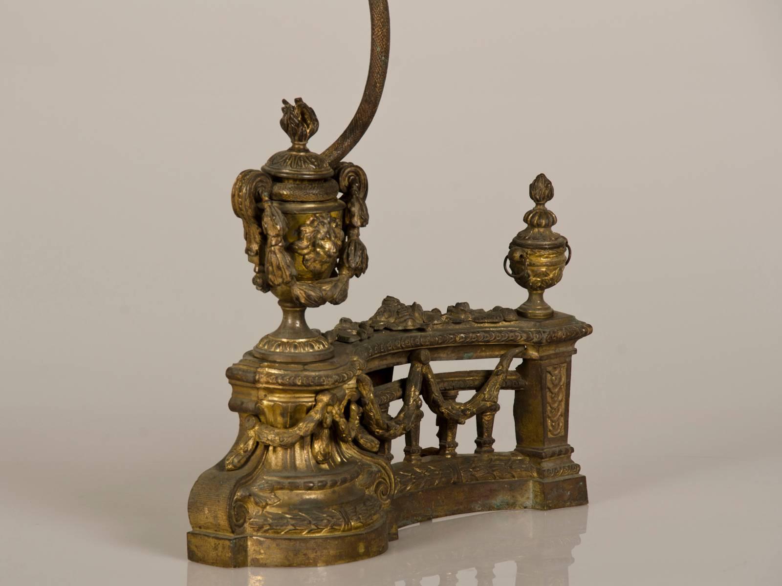 Late 19th Century Pair of Louis XVI Style Bronze Doré Antique French Chenets, circa 1890 For Sale