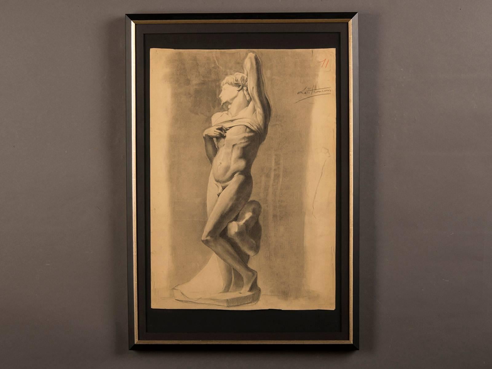 Be the first to see our new arrivals directly through 1stdibs! Please click follow dealer below.
 
19th century drawing from a Royal Academy class in France, circa 1880 featuring a man in a classical pose.