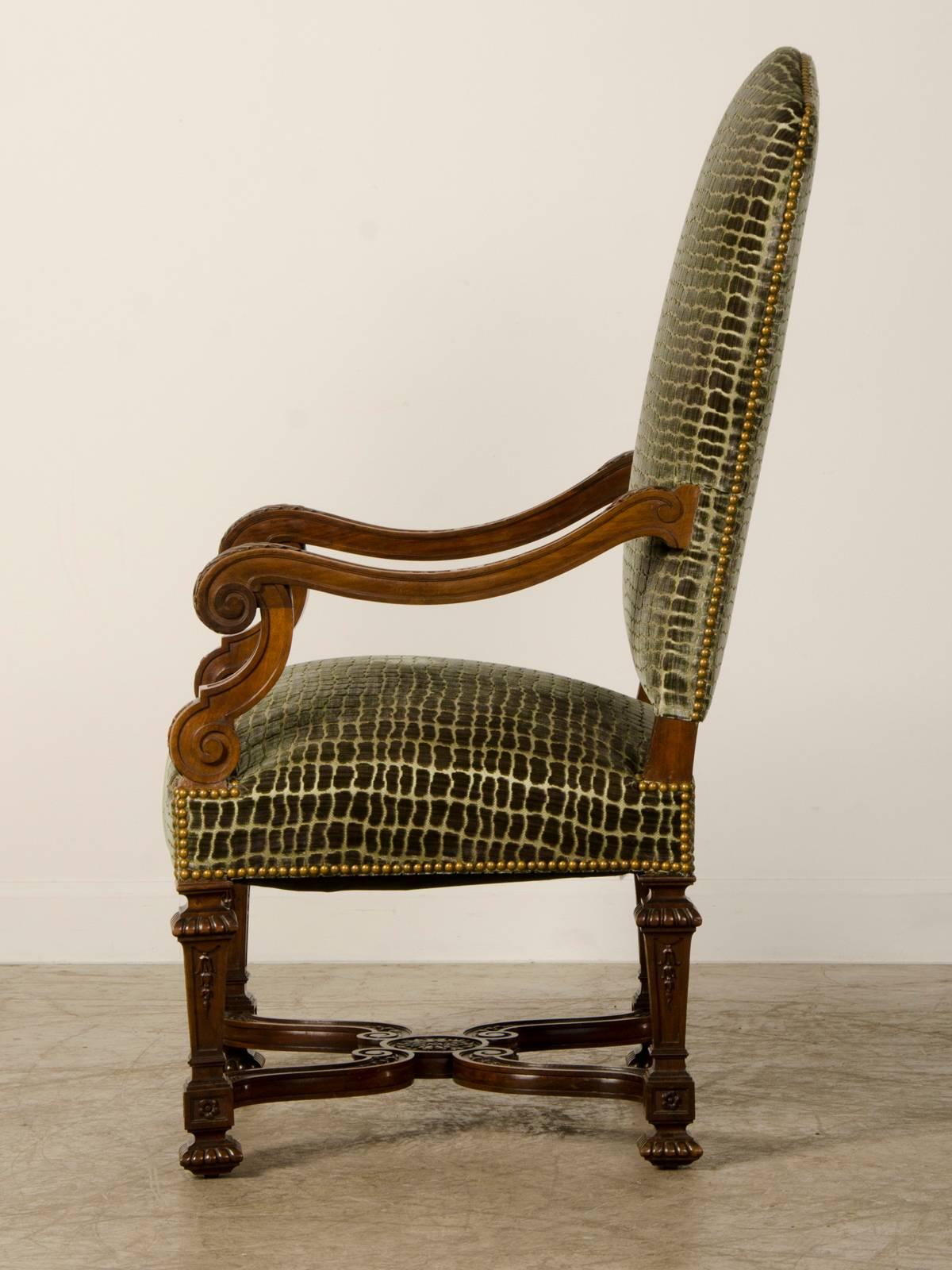 19th Century Antique French Louis XIV Style Carved Walnut Armchair, Chateau Scale, 1880  For Sale