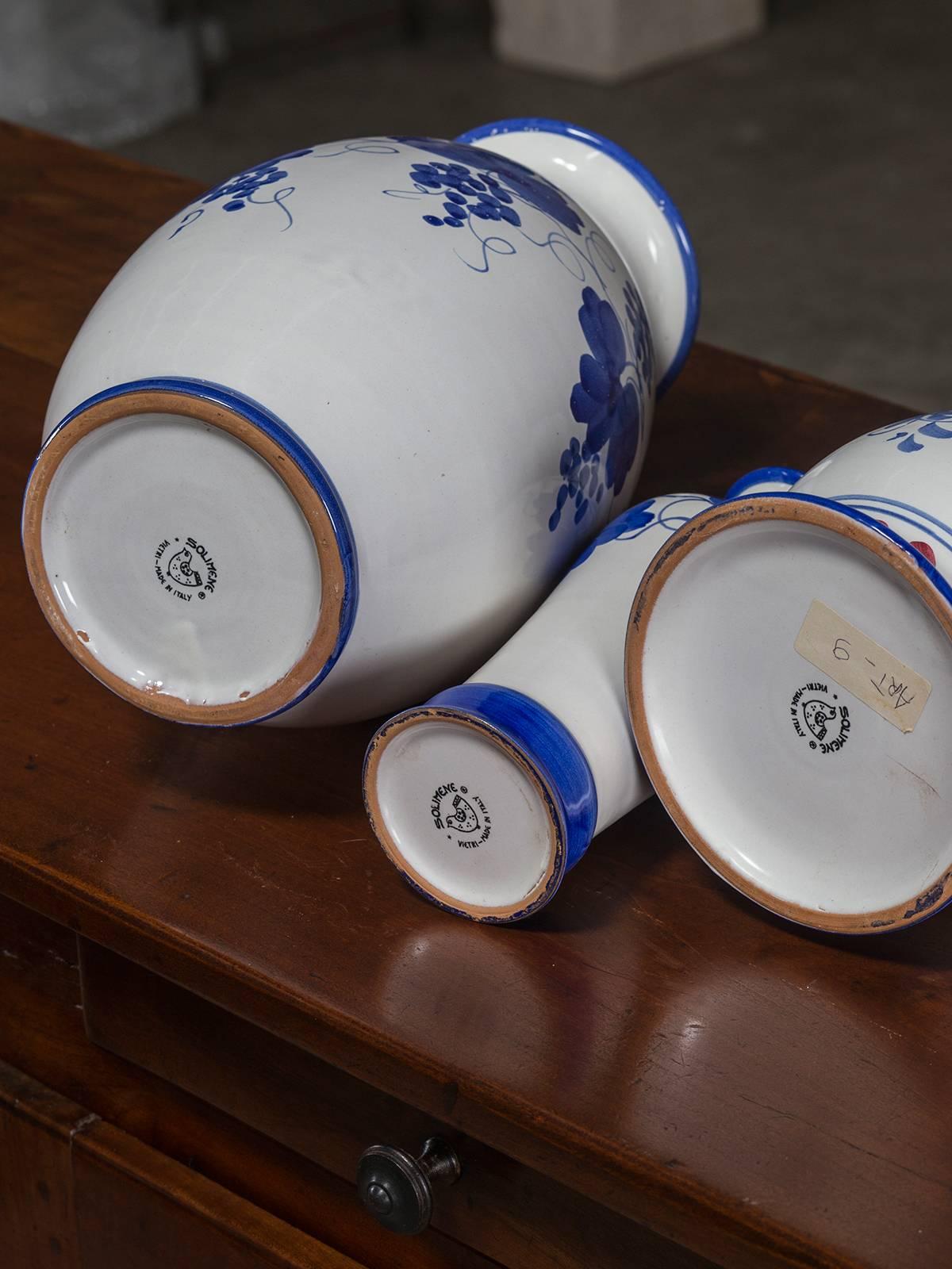 Earthenware Set of Three Blue and White Hand-Painted Italian Vases by Solimene, Vietri