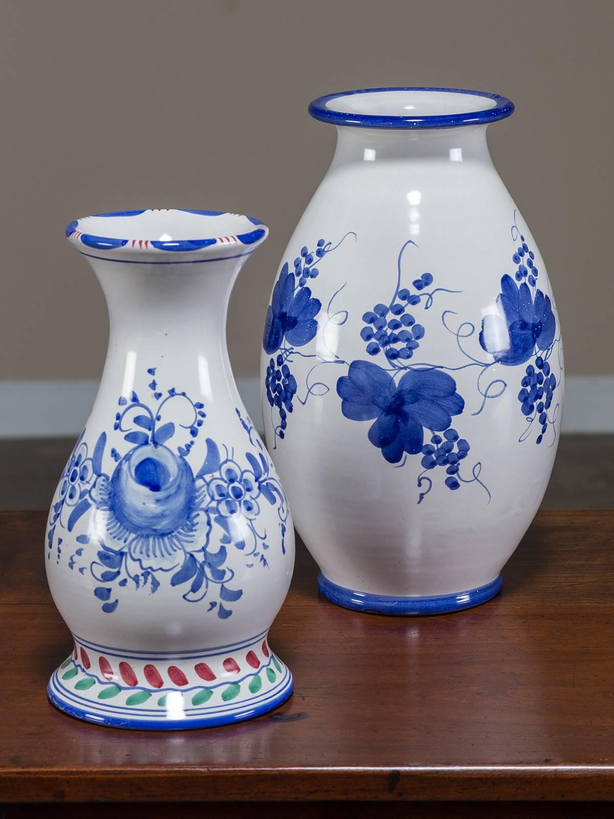Be the first to see our new arrivals directly through 1stdibs! Please click follow dealer below. 

This set of charming blue and white vintage Italian vases are each hand thrown and painted from the famous Solimene Ceramic workshop located in Vietri