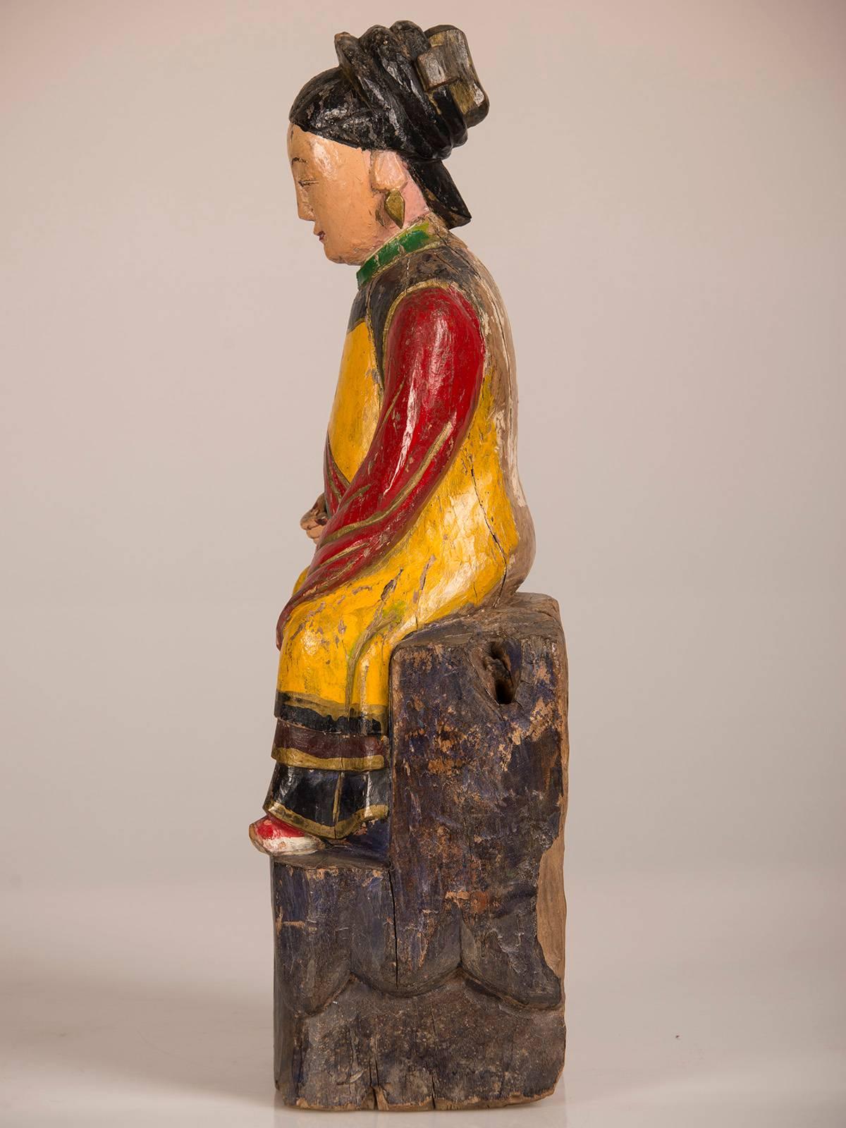Large Antique Chinese Hand-Carved and Painted Female Temple Figure, circa 1865 2