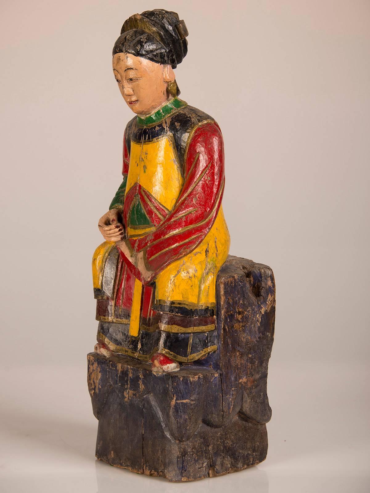 Large Antique Chinese Hand-Carved and Painted Female Temple Figure, circa 1865 1