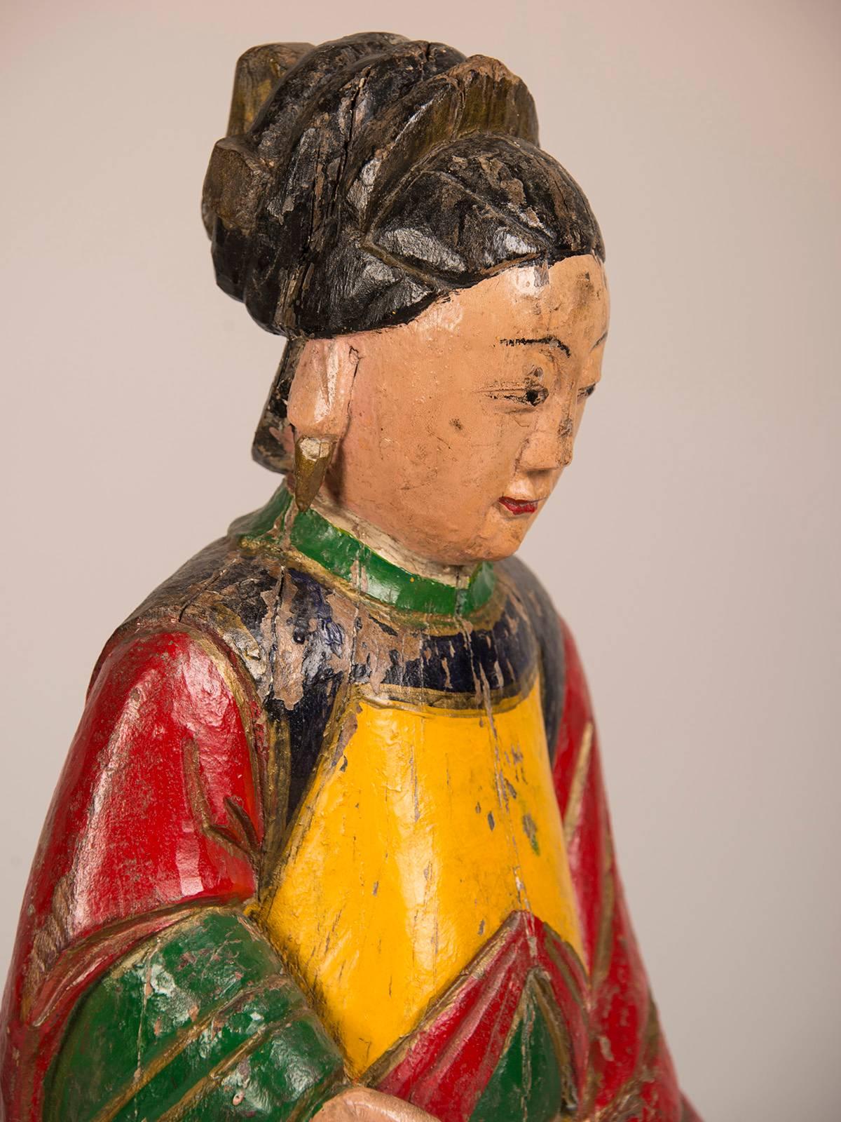 Mid-19th Century Large Antique Chinese Hand-Carved and Painted Female Temple Figure, circa 1865