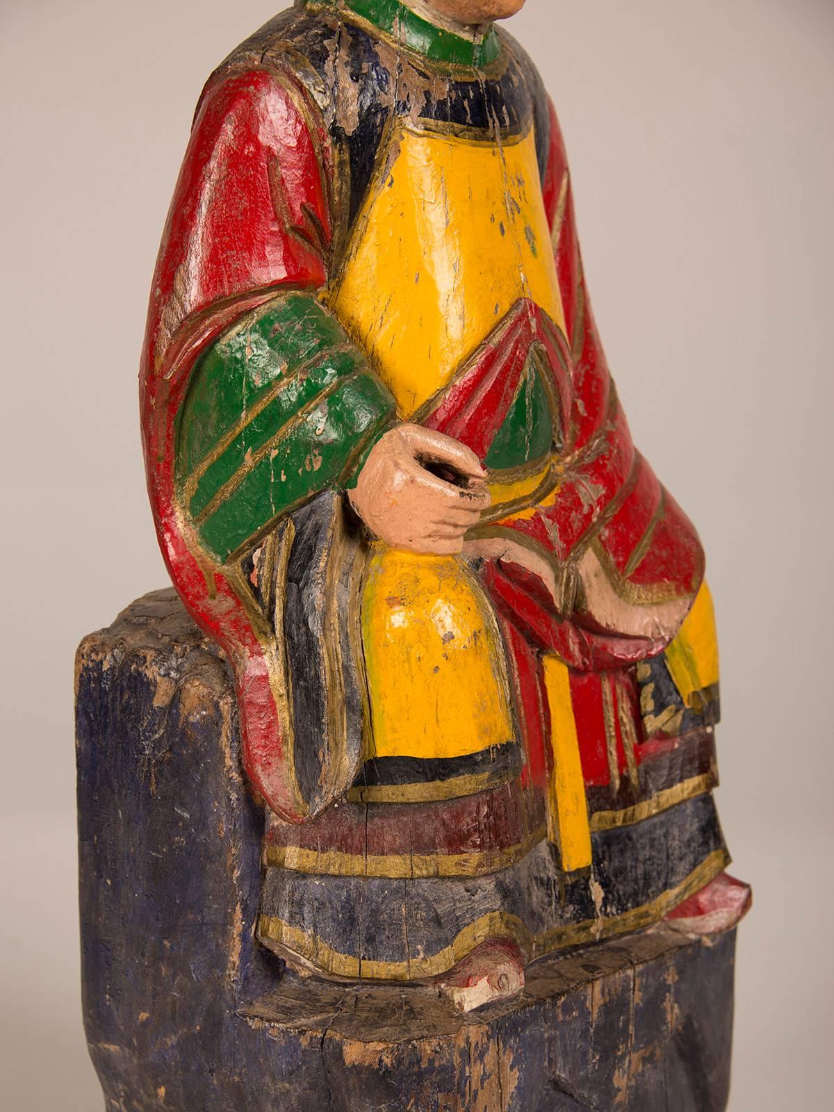 Wood Large Antique Chinese Hand-Carved and Painted Female Temple Figure, circa 1865