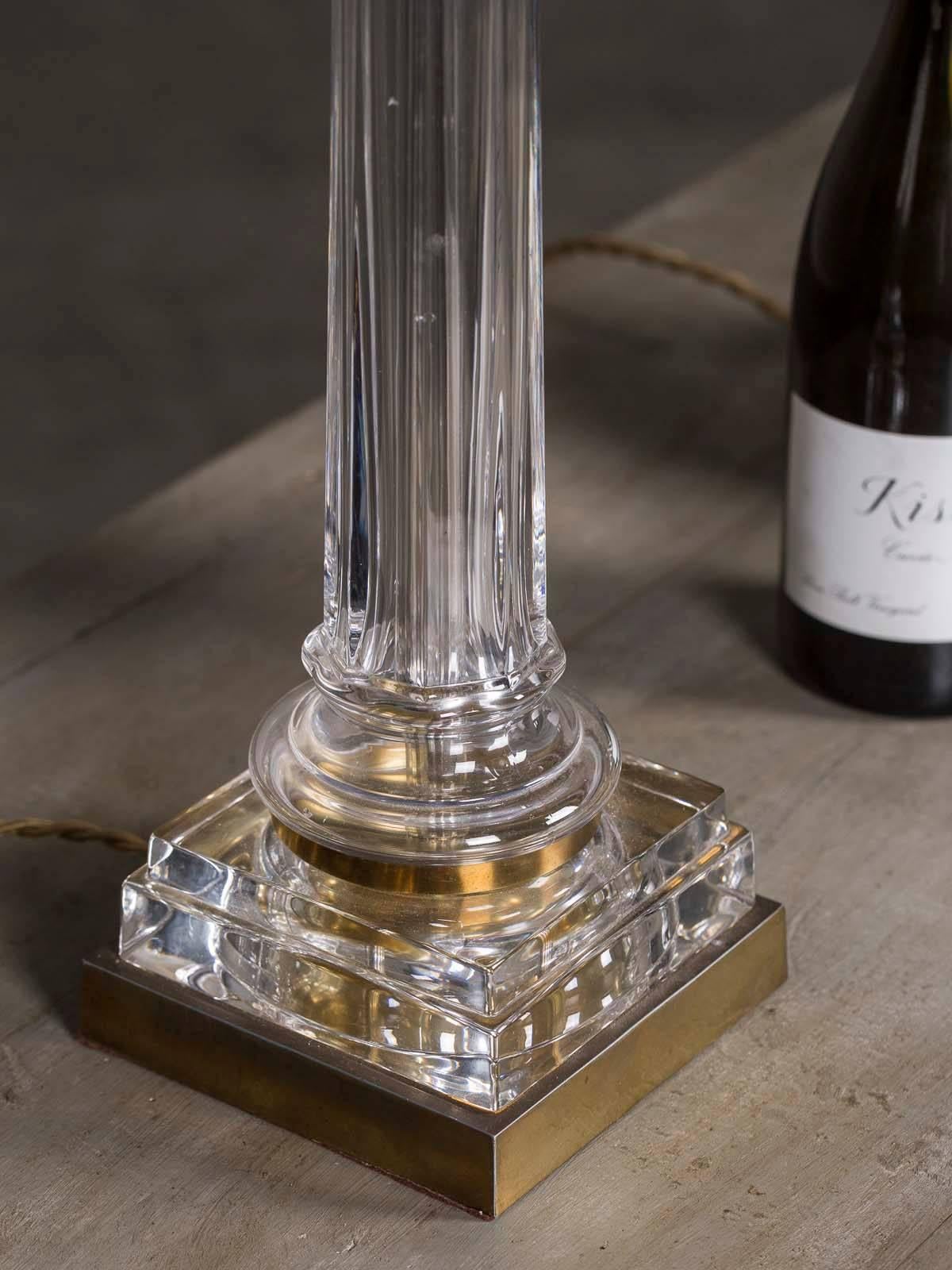 Mid-20th Century Pair of Vintage French Brass Glass Column Lamps, circa 1940