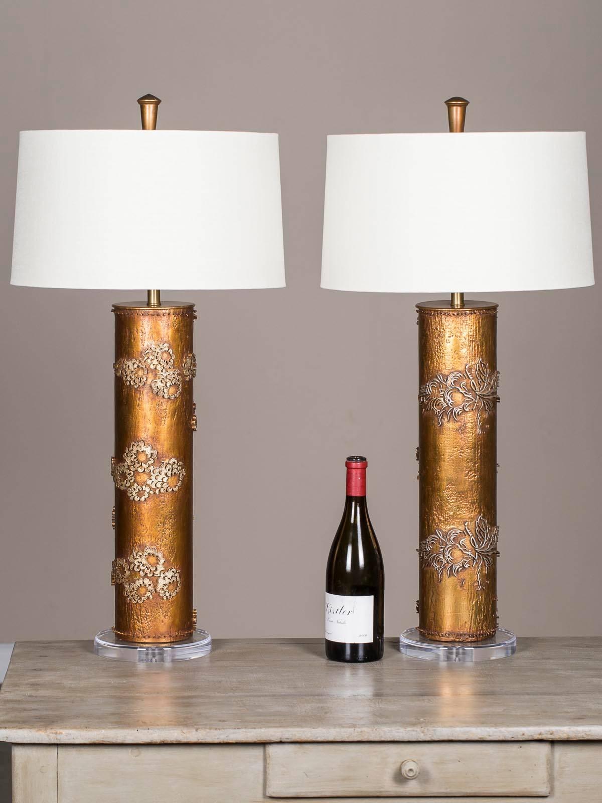 This pair of vintage French wallpaper lamps circa 1960 attributed to the famous American lamp company Marbro. Begun by two brothers after WWII in Los Angeles the company quickly became known for their originality and quality. The brothers were