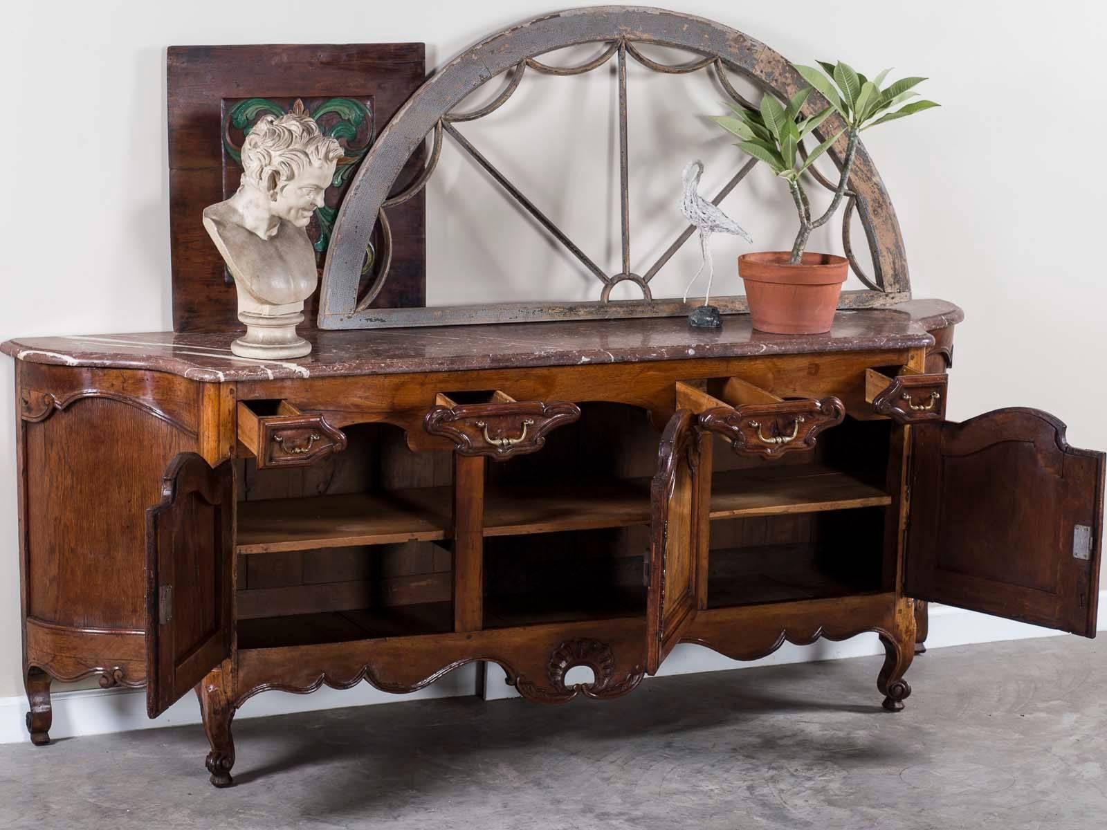 Antique French Louis XV Style Walnut Marble-Top Buffet Credenza, France, 1780 In Excellent Condition In Houston, TX