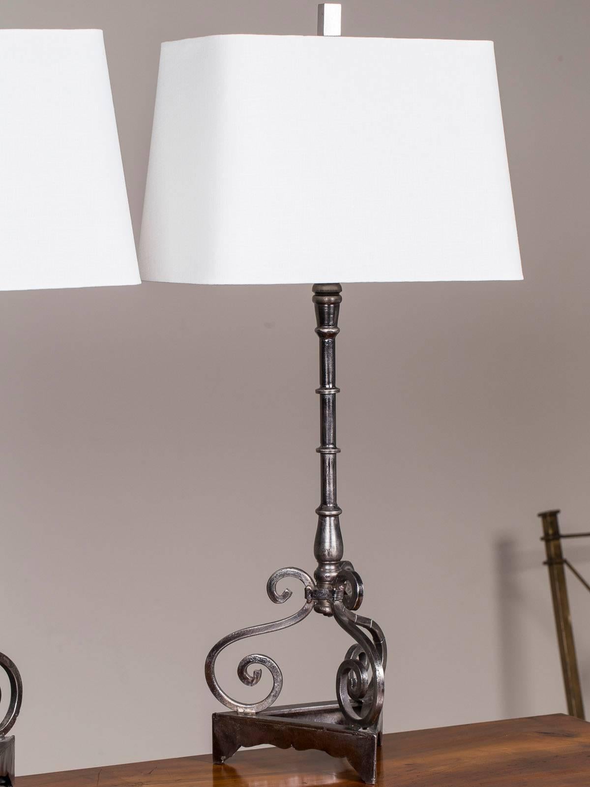 Neoclassical Pair of Modern Steel Iron Lamps Found in France