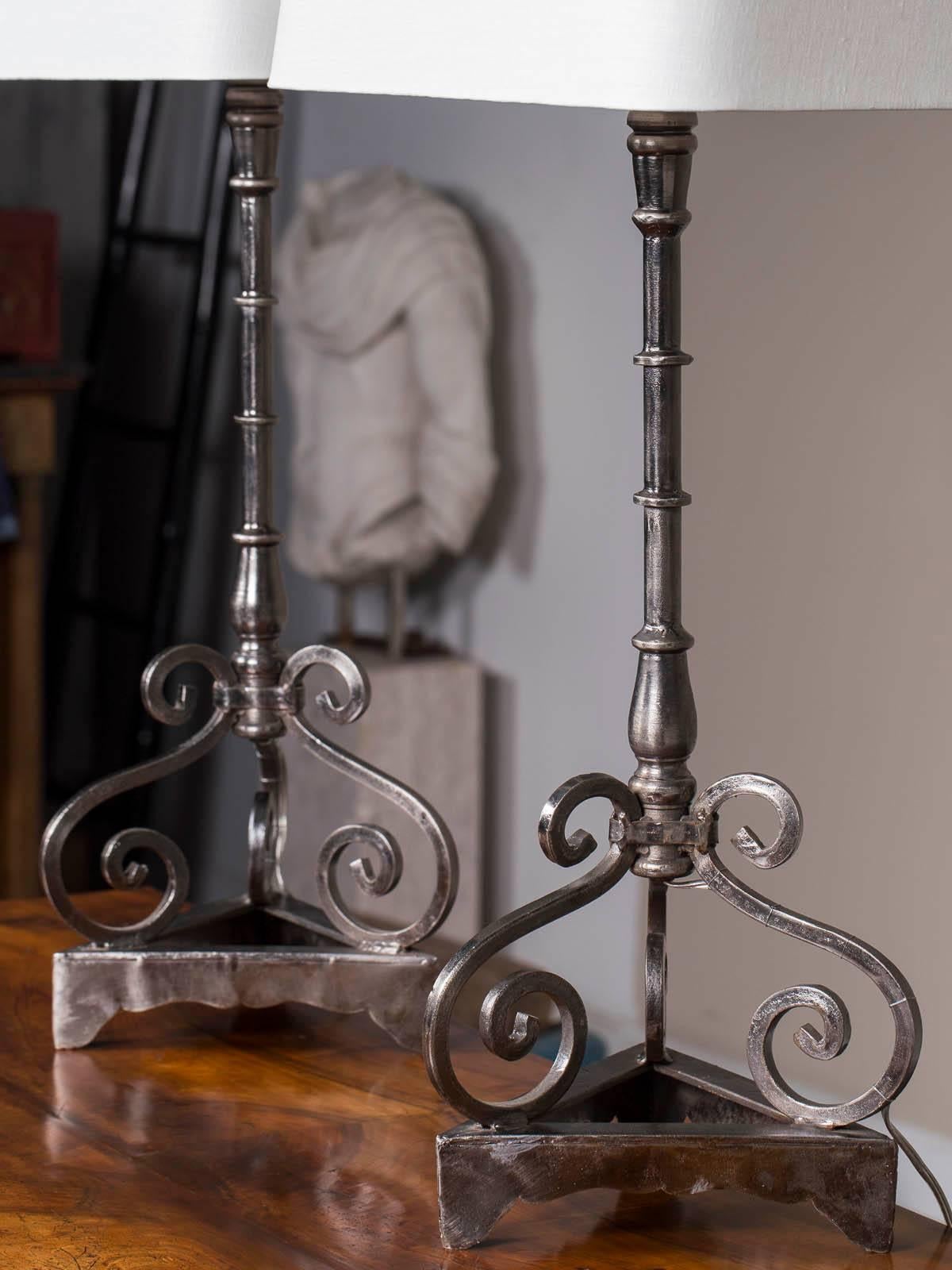 Pair of Modern Steel Iron Lamps Found in France 2