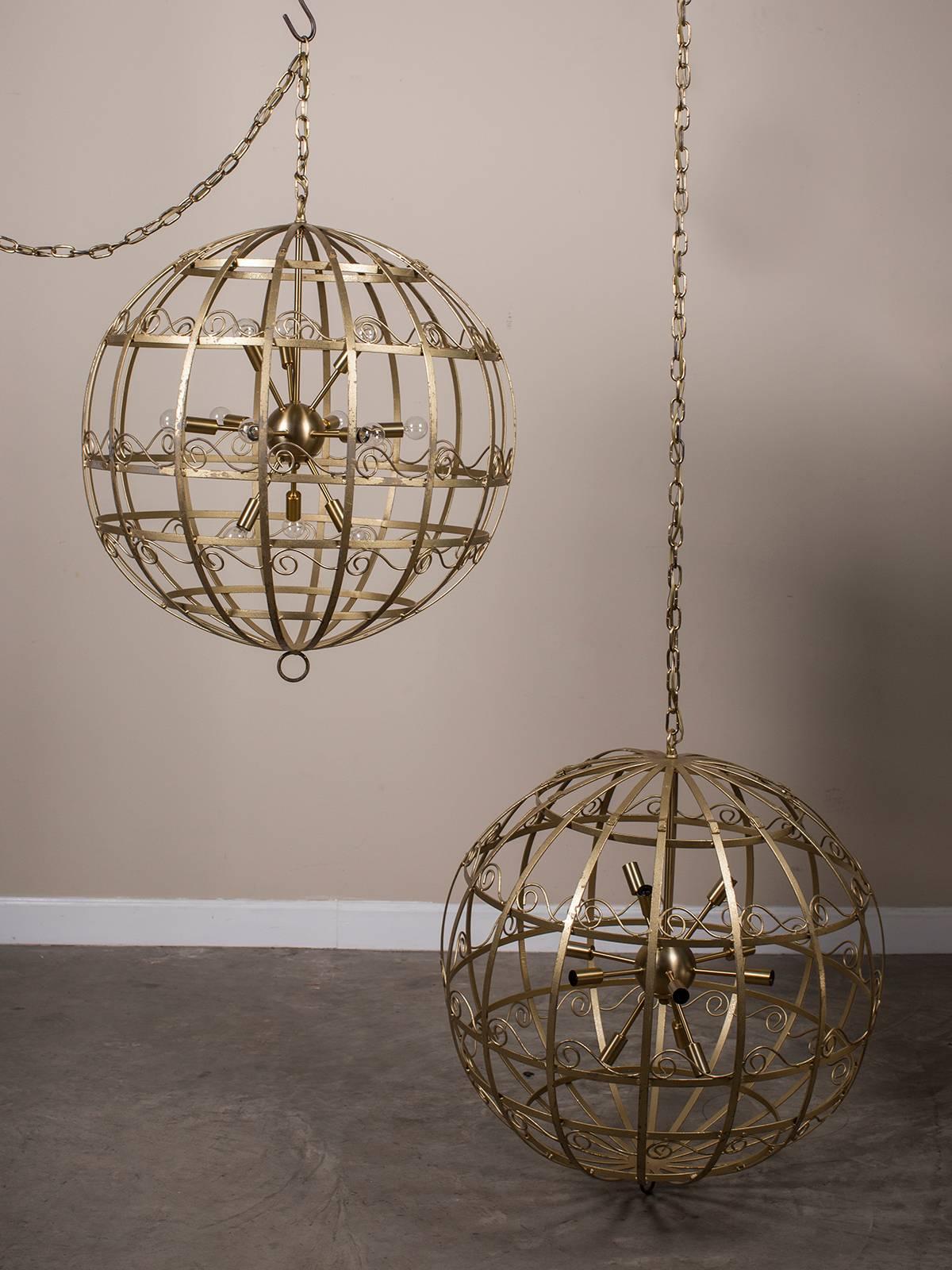 Pair of Vintage French Gold Metal Fixtures with Sputnik Lights, circa 1950 4