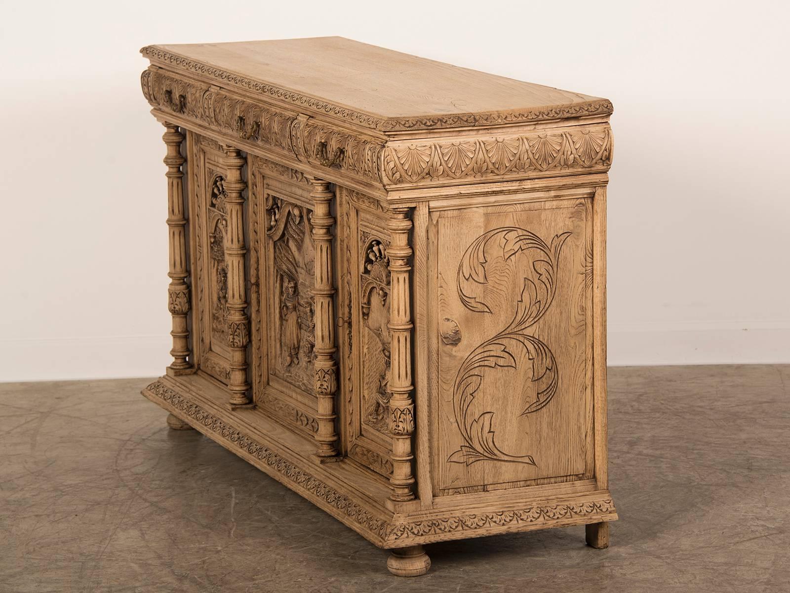 19th Century Antique French Henri II Style Carved, Weathered Oak Buffet, Brittany circa 1875