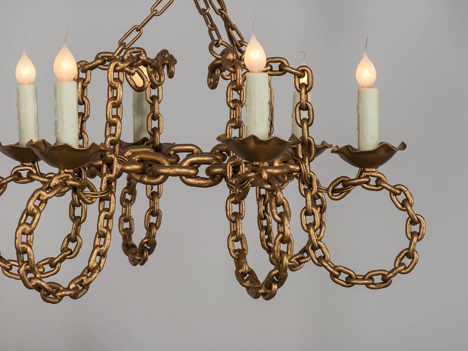 French Provincial Vintage French Six Light Gold Chain Link Chandelier circa 1930 
