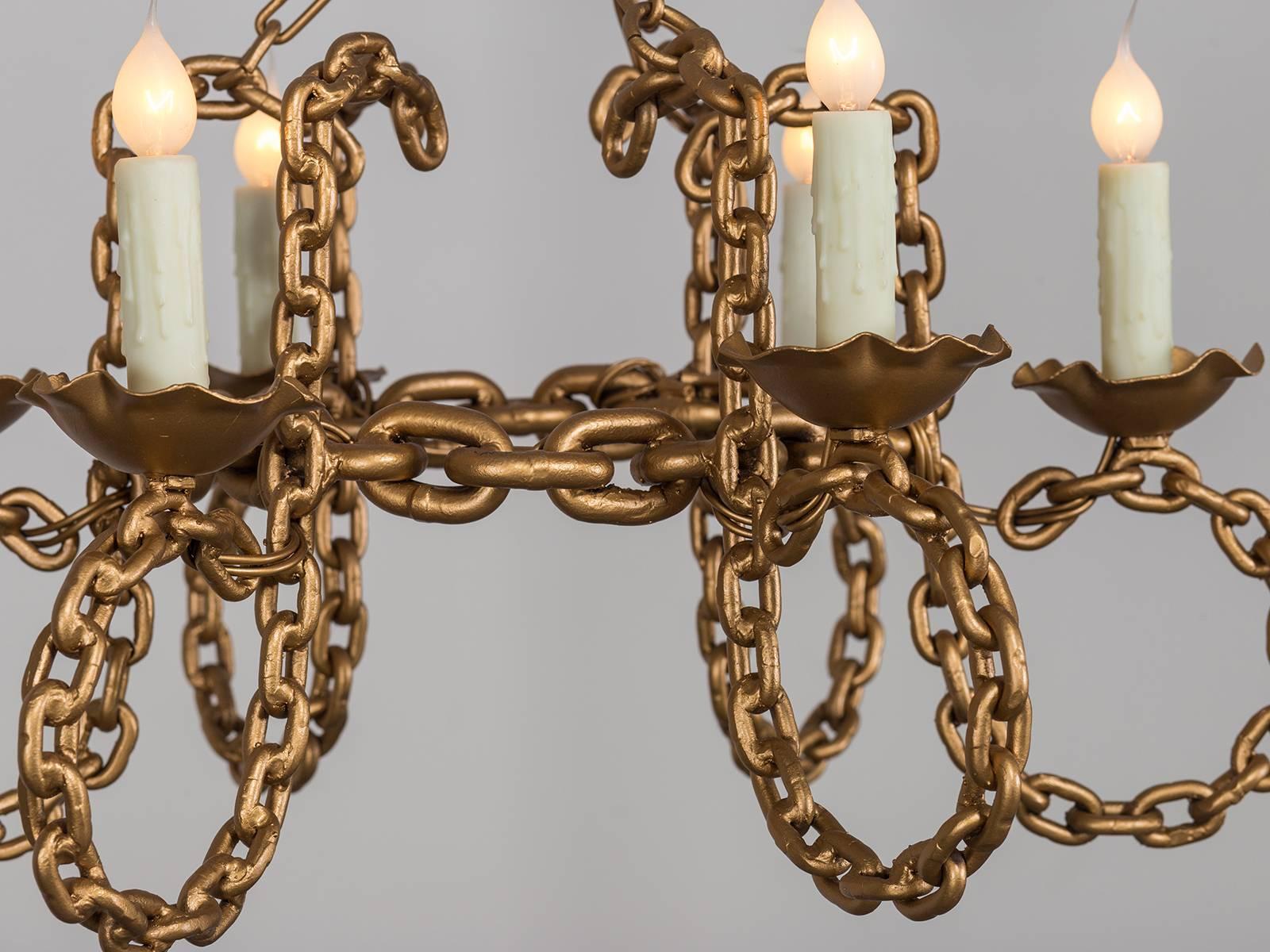 Vintage French Six Light Gold Chain Link Chandelier circa 1930  In Excellent Condition In Houston, TX