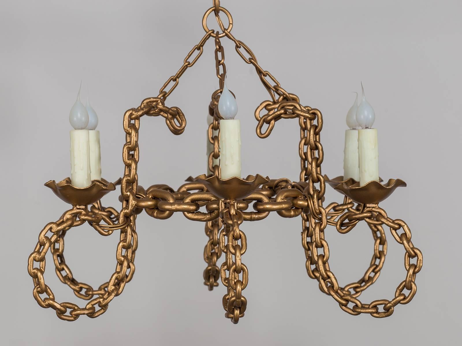Vintage French Six Light Gold Chain Link Chandelier circa 1930  1