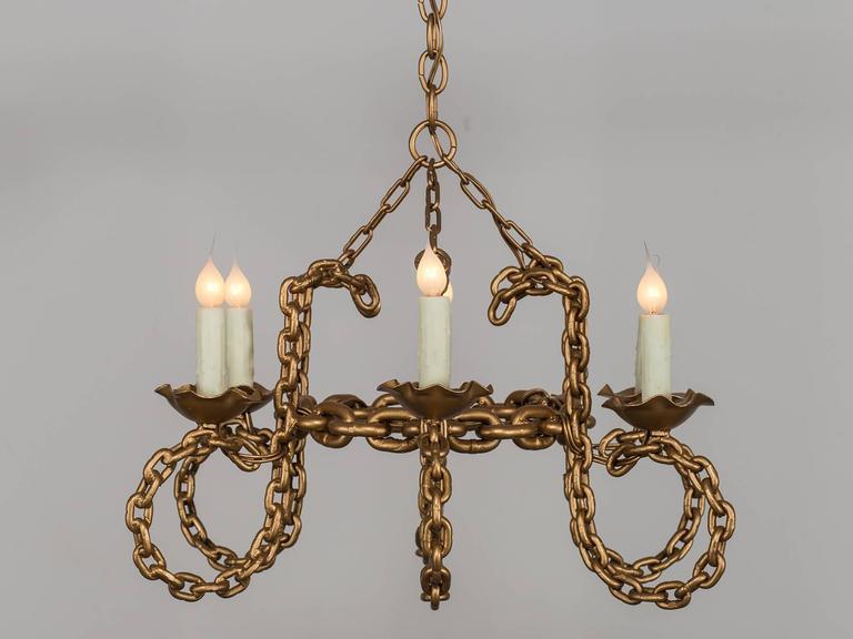 Vintage French Six Light Gold Chain Link Chandelier circa 1930 at 1stDibs