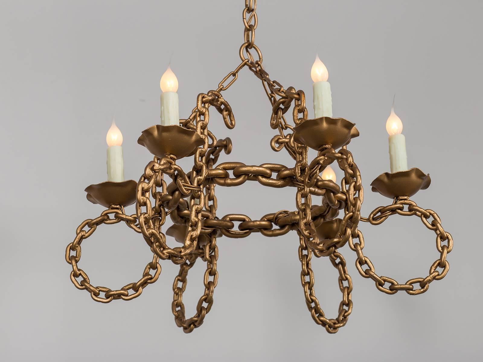Mid-20th Century Vintage French Six Light Gold Chain Link Chandelier circa 1930 