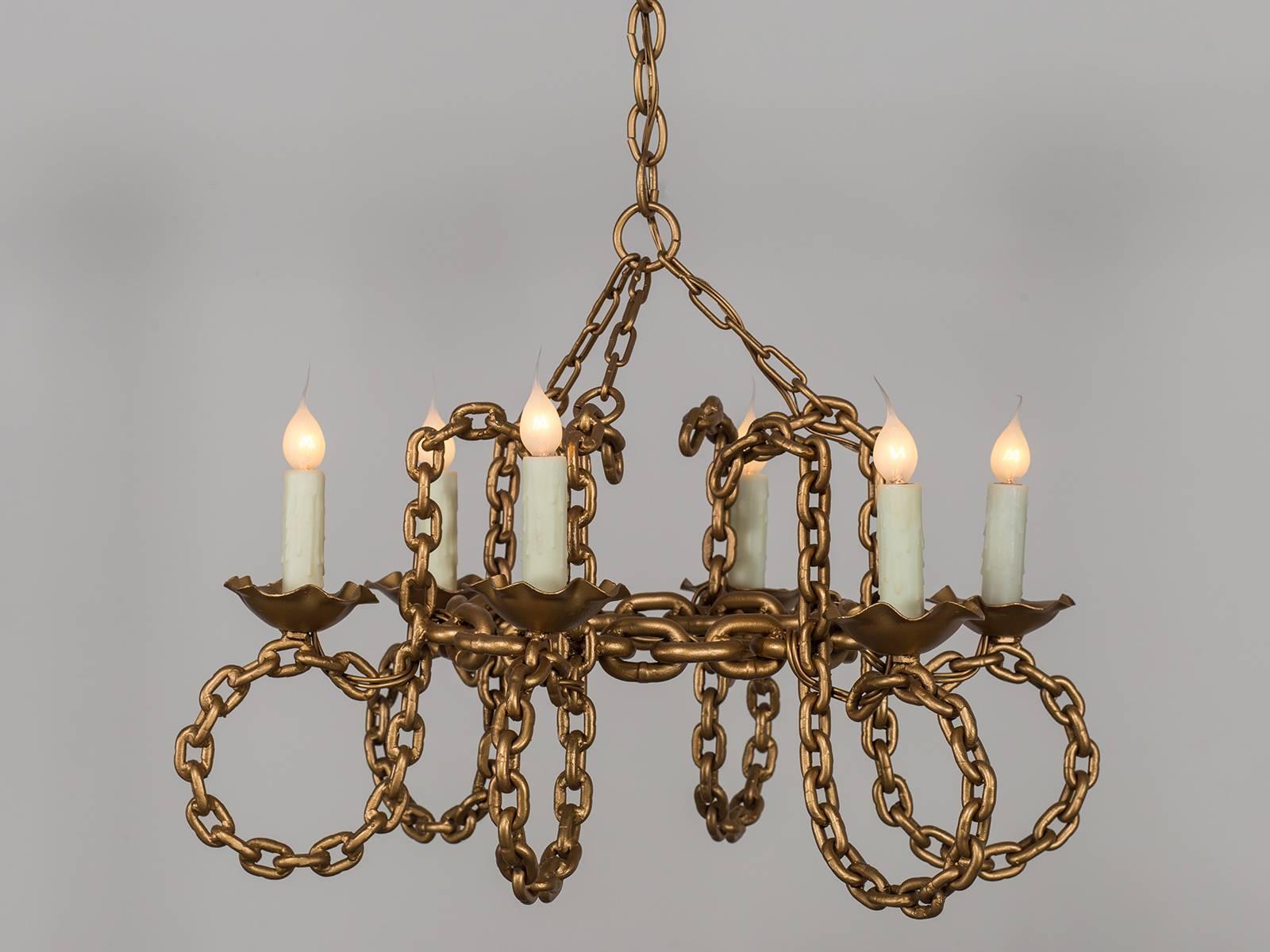 Iron Vintage French Six Light Gold Chain Link Chandelier circa 1930 