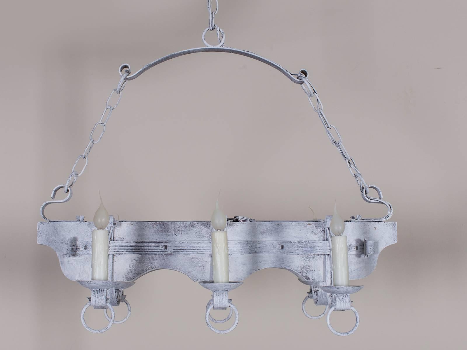 French Provincial Vintage French Painted Wood and Iron Ox Yoke Chandelier circa 1940 For Sale