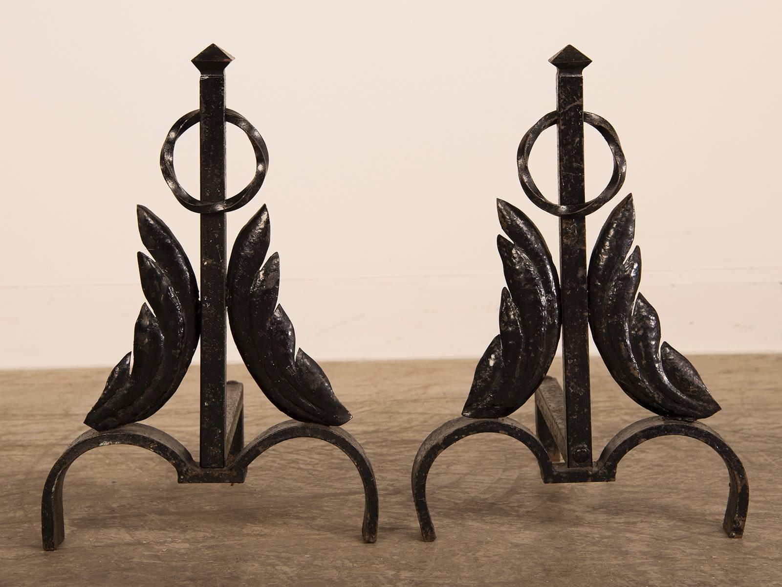 Vintage French Modernist Hand-Forged Fireplace Andirons, circa 1940 In Excellent Condition In Houston, TX