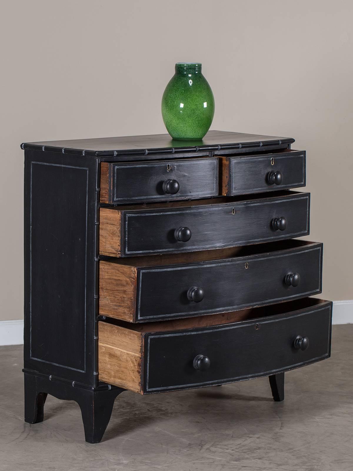 Georgian Antique Bow Front Faux Bamboo English Chest of Drawers, circa 1860