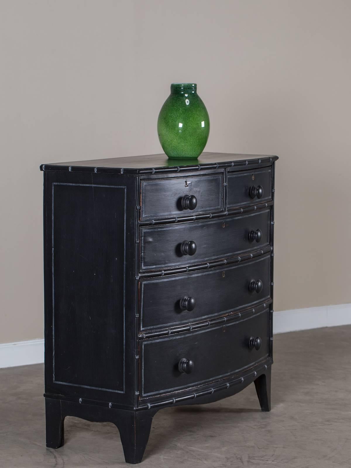 Mid-19th Century Antique Bow Front Faux Bamboo English Chest of Drawers, circa 1860