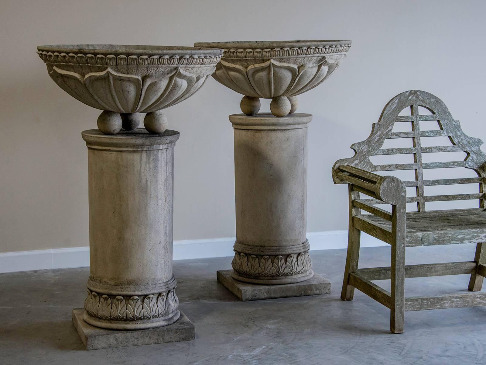 Neoclassical Pair of Vintage French Circular Basins Atop Columns, Relief Decoration