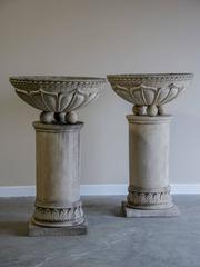 Pair of Vintage French Circular Basins Atop Columns, Relief Decoration
