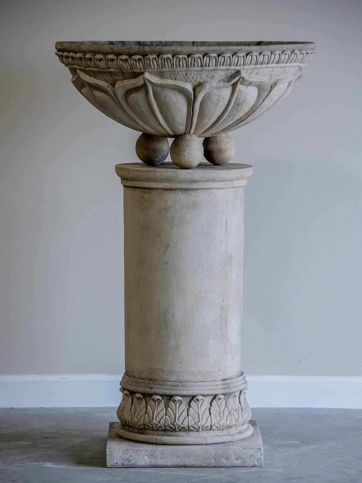20th Century Pair of Vintage French Circular Basins Atop Columns, Relief Decoration
