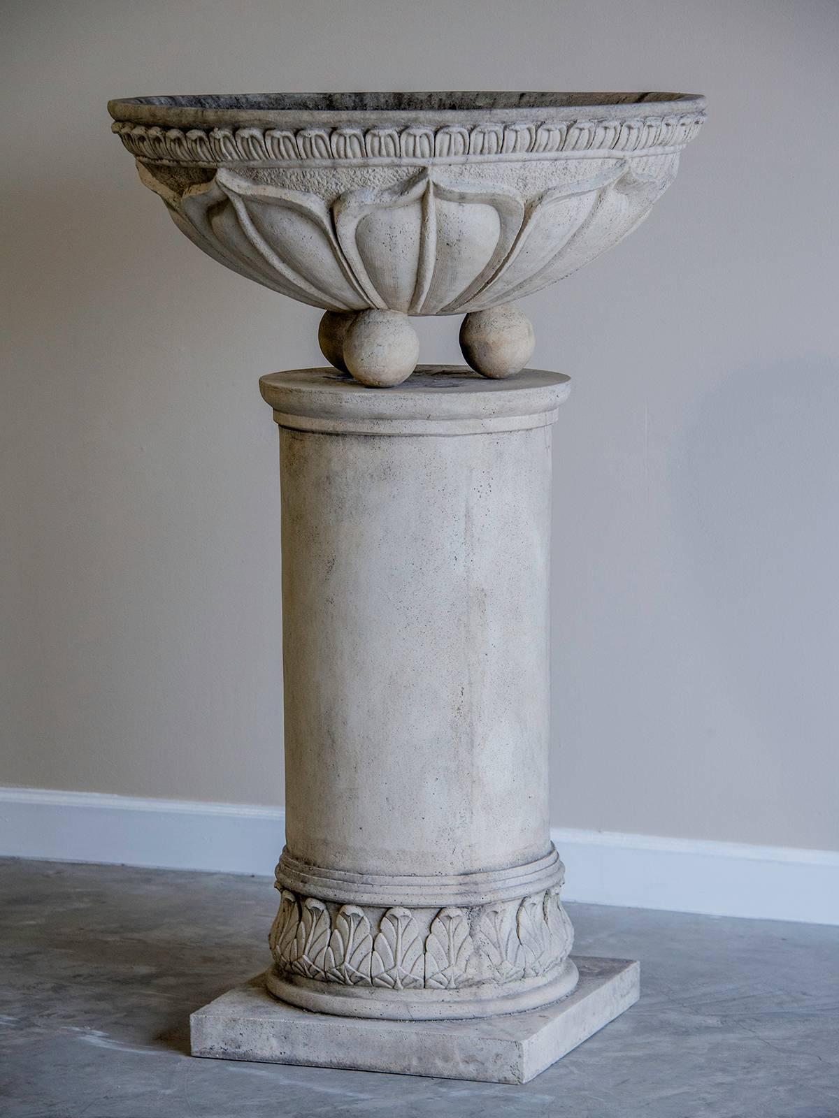 Cast Stone Pair of Vintage French Circular Basins Atop Columns, Relief Decoration