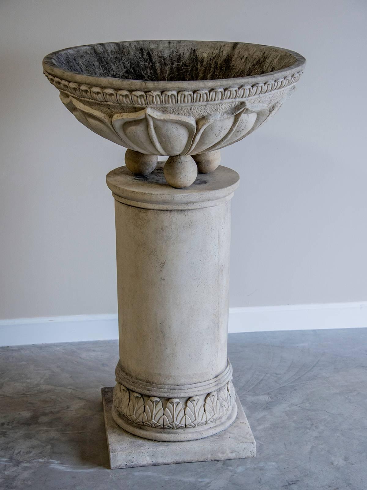 Pair of Vintage French Circular Basins Atop Columns, Relief Decoration 1