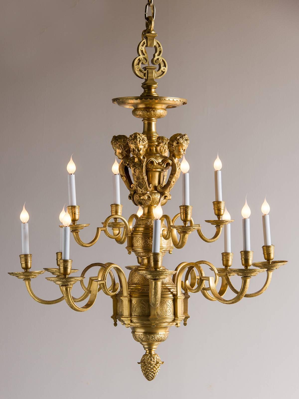 Receive our new selections direct from 1stdibs by email each week. Please click Follow Dealer below and see them first!

Vintage Louis XIV style solid bronze doré twelve-light chandelier, by Repute Juilliard School, New York, circa 1920. The