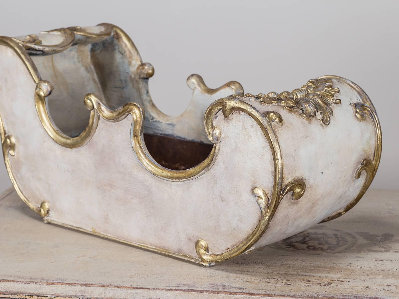 Gilt Vintage French Rococo Painted Sleigh Cachepot or Jardiniere, circa 1940